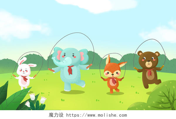 世界动物日手绘戴红领巾跳绳的动物原创插画海报